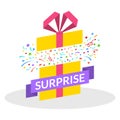 Surprise Gift box with ribbon, bow and confetti fireworks. Open present box for Sale banner, Christmas or Birthday card. Royalty Free Stock Photo